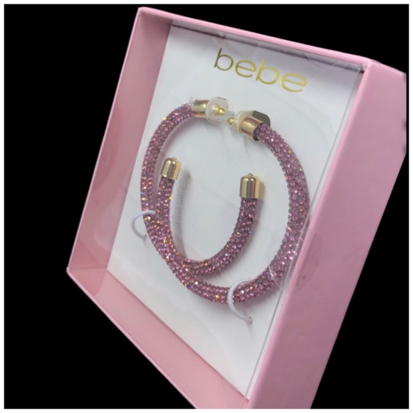 bebe Pink Rhinestone Studded Hoop Earrings - Picture 6 of 10